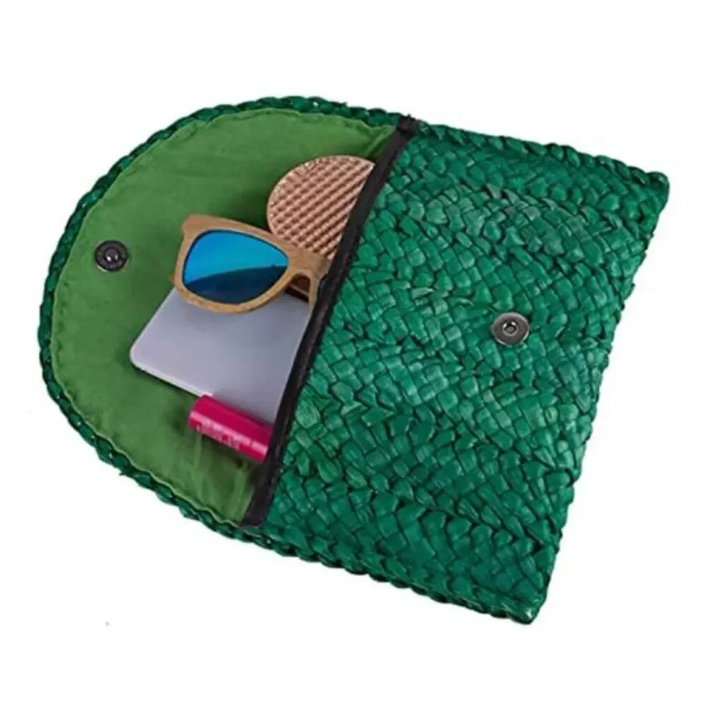 Woven Straw Clutch Bag Envelope Summer Beach Purse Women Green - Picture 2 of 6